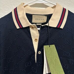 Authentic NWT Gucci Dark Blue Polo with Cream Collar
